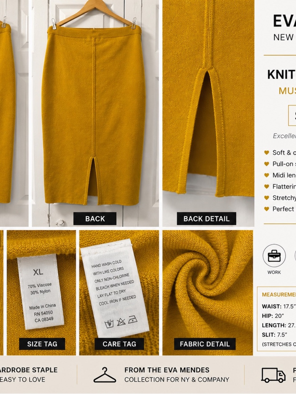 eva mendes for New York & Company Mustard Knit Midi Pencil Skirt with Front Slit